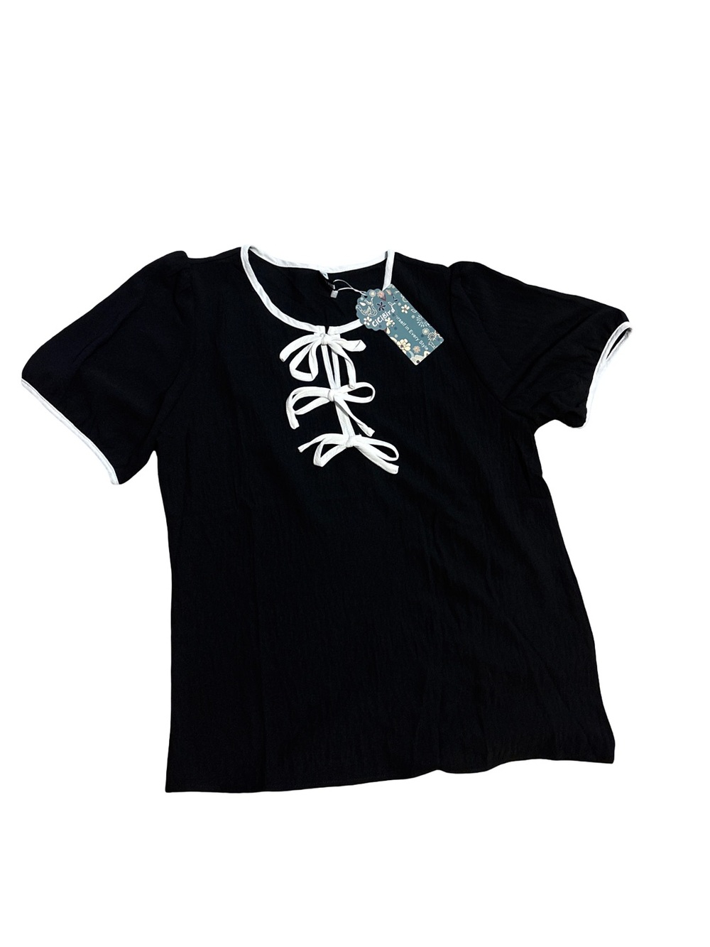 Black Short Sleeve Tee with White Trim and Bow Tie Detail